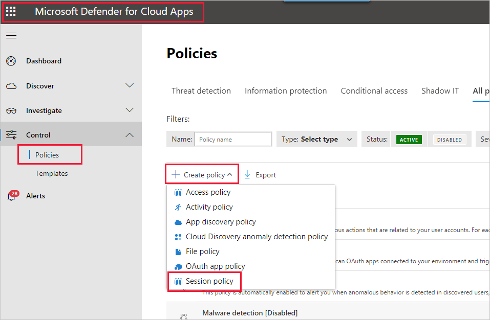 [ポリシー]、[ポリシーの作成]、[セッション ポリシー]が強調表示されている Defender for Cloud Apps [ポリシー] パネルのスクリーンショット。