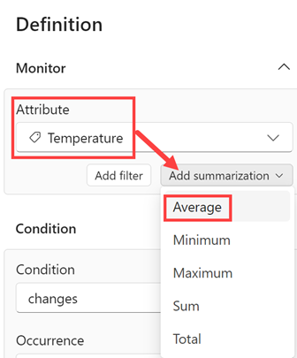 Temperature 属性が選択されている、[定義] ペインの [監視] セクションを示すスクリーンショット。