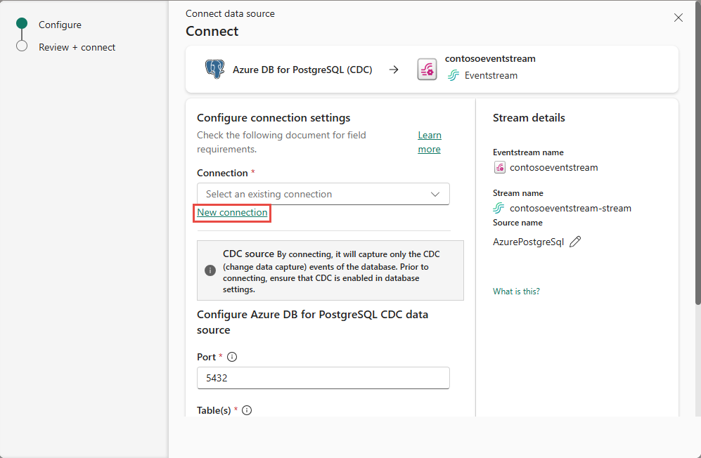 新しい接続リンクが強調表示された Azure PostgreSQL データベースの接続ページを示すスクリーンショット。