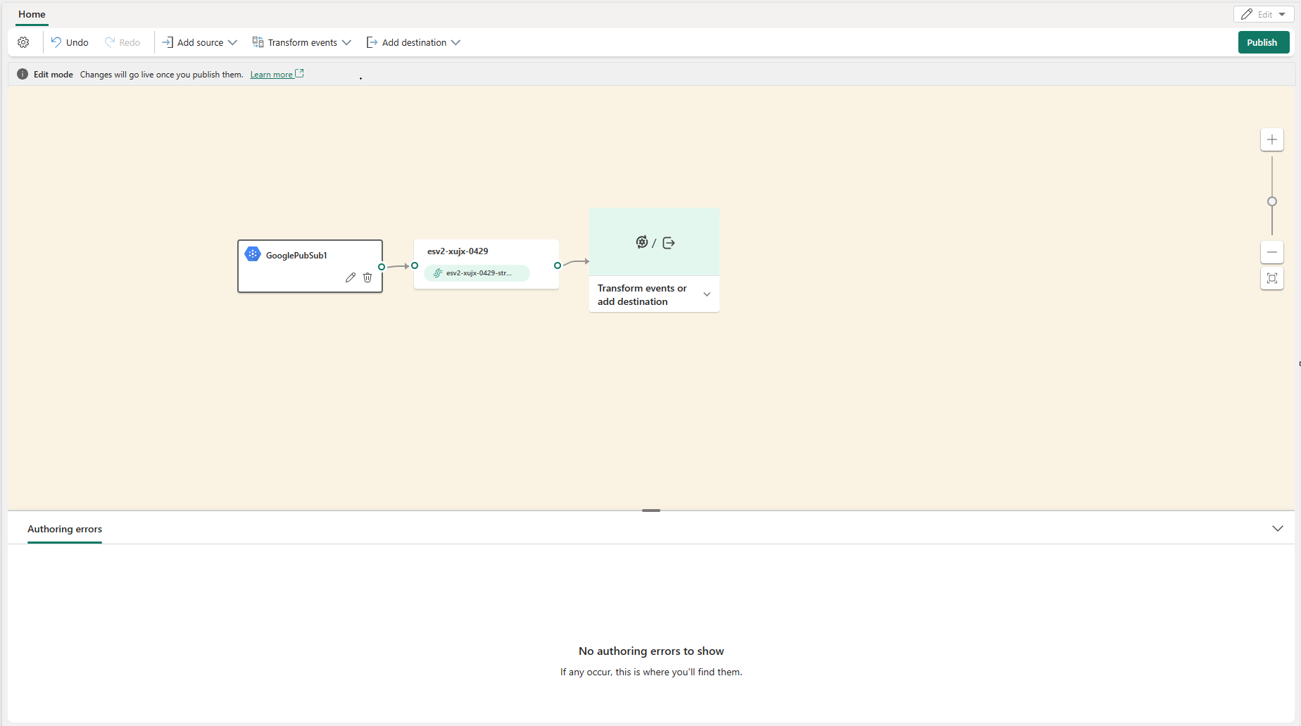 追加された Google Cloud Pub/Sub ソースを編集モードで [公開] ボタンが強調表示されたスクリーンショット。