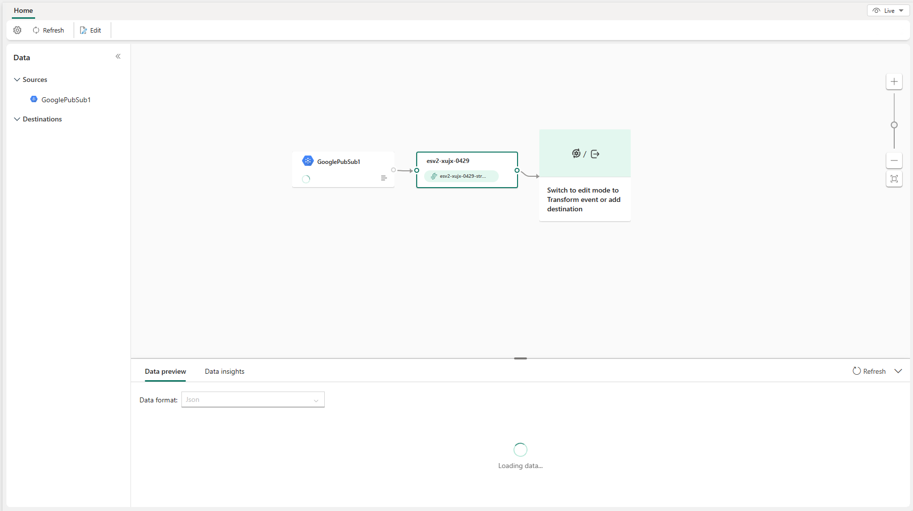 ライブビューの Google Cloud Pub/Sub ソースで公開されたイベントストリームのスクリーンショット。