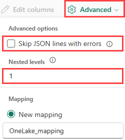 詳細 JSON オプションのスクリーンショット。