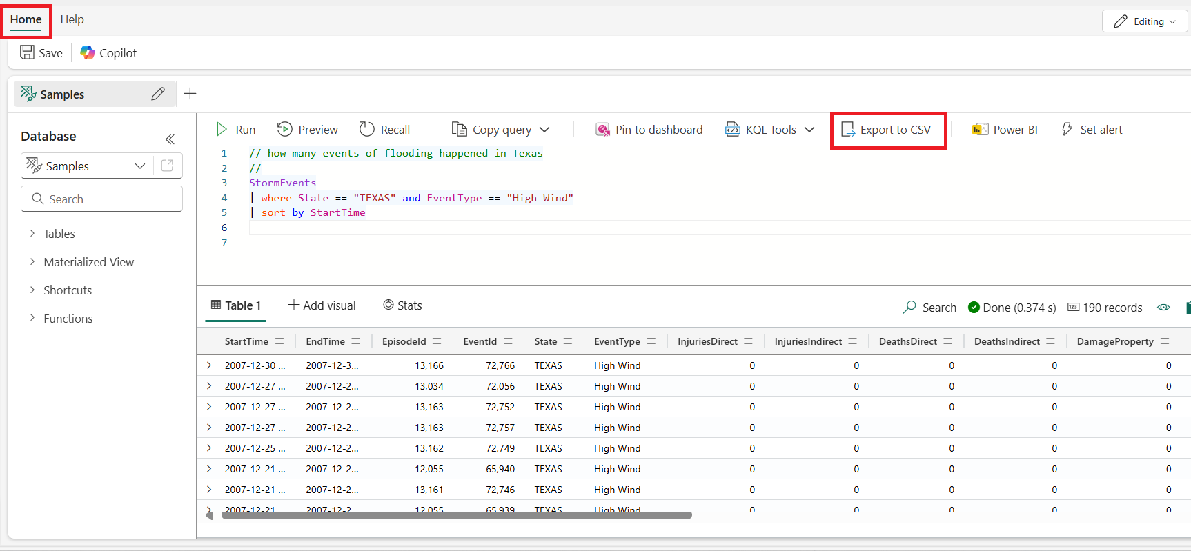 結果を CSV にエクスポートするための強調表示されたオプションを示す、KQL クエリセットの [ホーム] タブのスクリーンショット。