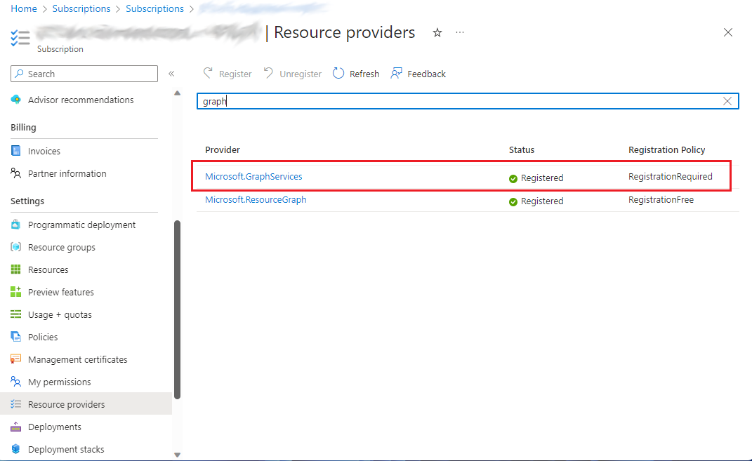 登録する必要がある Microsoft.GraphServices リソース プロバイダーを示すスクリーンショット。
