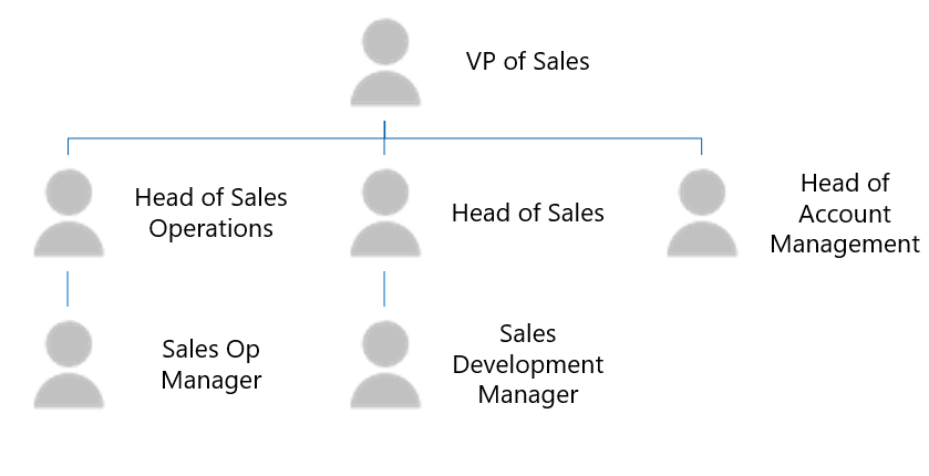 Salesforce のロールの構造の図。営業担当副社長の役割は階層の最上位にあり、3 人の部下 (営業部長、営業部長、アカウント管理責任者) があります。営業部門の責任者には、営業オペレーション マネージャーが下位にいます。営業責任者は、営業開発マネージャーを部下として持っています。