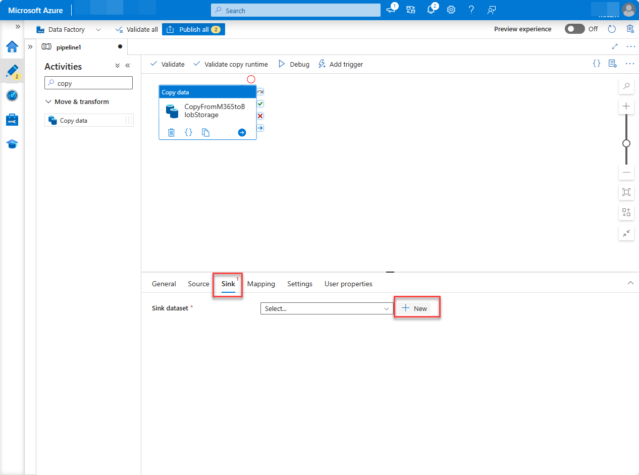 [シンク] タブが強調表示されている Azure portal の [ファクトリ リソース] ページのスクリーンショット。