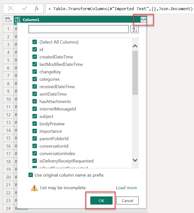 Power BI のすべての列を読み込む方法を示すスクリーンショット。