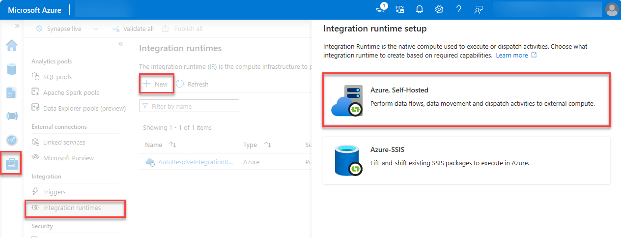 Azure との統合ランタイムのセットアップのスクリーンショット Self-Hosted 強調表示されています。