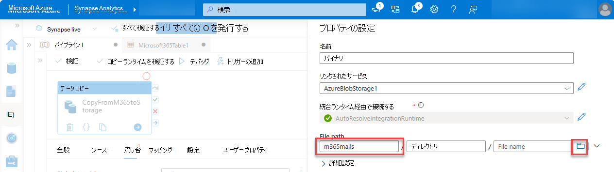 [プロパティの設定] ウィンドウのスクリーンショット。ファイル パスが強調表示されています。