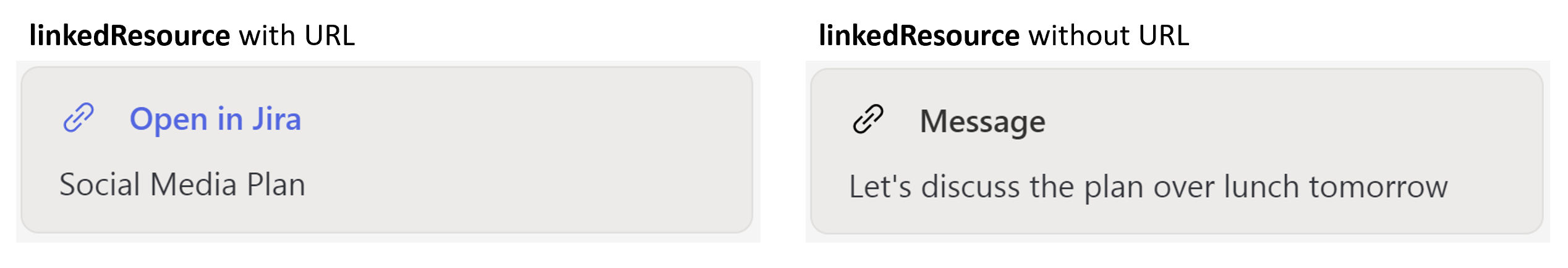 URL の有無に関係なくリンクされたリソース カードがどのように表示されるかを示す画像。URL を含むリンクされたリソース カードには[パートナー アプリケーション名で開く] が含まれていますが、URL のないリンクされたリソース カードにはパートナー アプリケーション名だけが含まれています。