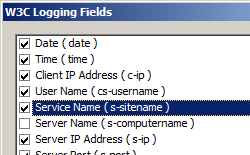 [W 3 C ログ フィールド] ダイアログ ボックスのスクリーンショット。[日付、時刻、クライアント I P アドレス、ユーザー名、サービス名、サーバー I P アドレス] のチェック ボックスがオンになっています。[サービス名] が強調表示されています。
