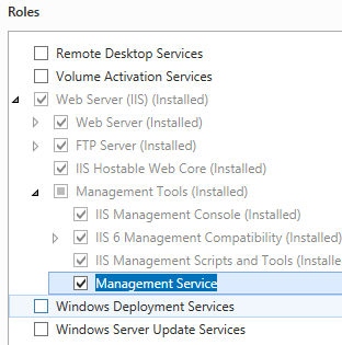 Windows Server 2012 インターフェイスで選択されている管理サービスのスクリーンショット。