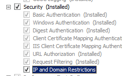 Windows Server 2008 で選択されている I P とドメインの制限を示すスクリーンショット。