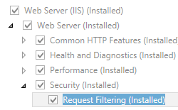 [要求のフィルター処理] が選択されて展開された [Web サーバーとセキュリティ] ノードのスクリーンショット。