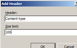 [ヘッダーの追加] ダイアログ ボックスのスクリーンショット。[ヘッダー] フィールドと [サイズ制限] フィールドが表示されています。