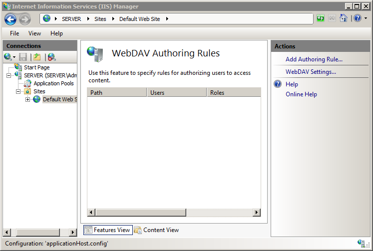 [Web DAV Authoring Rules]\(Web DAV 作成ルール\) ペインを示すスクリーンショット。