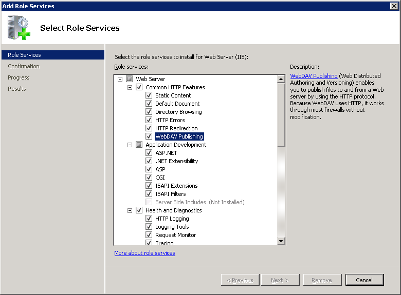 Windows Server 2008 で選択された Web DAV 発行を示すスクリーンショット。