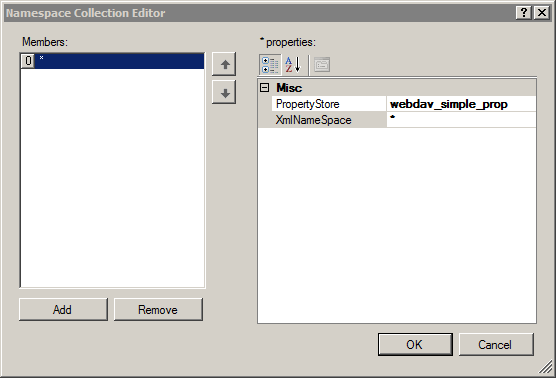 プロパティを追加する名前空間コレクション エディターを示すスクリーンショット。