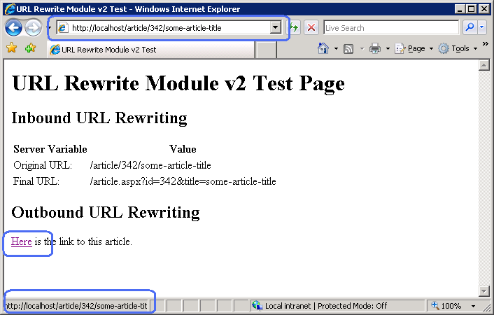 Web ブラウザーを使用して U R L 書き換えモジュール のテスト ページのリンクをポイントした後の新しい U R L のスクリーンショット。