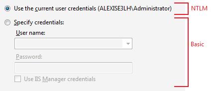 N T L M セクションと Basic セクションを示すログイン ダイアログのスクリーンショット。