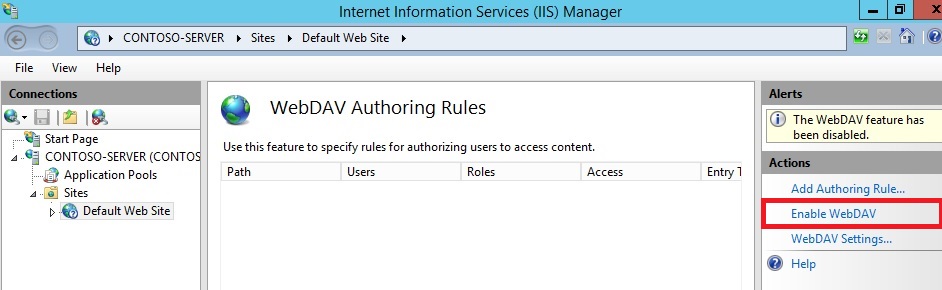 [Web DAV Authoring Rules]\(Web DAV 作成ルール\) ペインを示すスクリーンショット。[操作] ウィンドウで [Web DAV を有効にする] が強調表示されています。