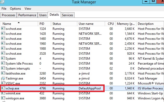 W 3 W P ドット E X E I I S ワーカー プロセスにフォーカスがあるタスク マネージャー画面のスクリーンショット。