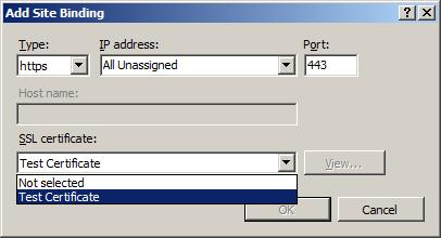 [種類] が [H T P S] に設定され、[S S L] 証明書が [テスト証明書] に設定されている [サイト バインドの追加] ダイアログのスクリーンショット。