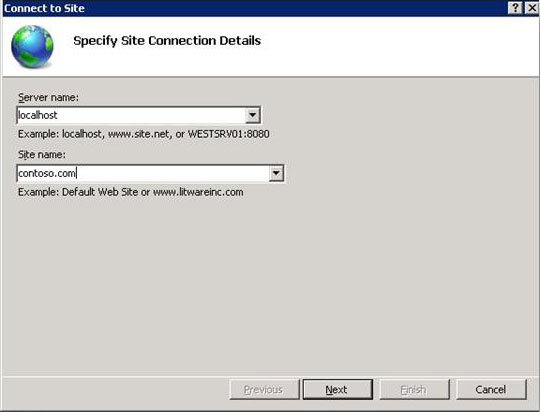 サイトへの接続ウィザードのスクリーンショット。テキストサーバー名の下に localhost が書き込まれます。[サイト名] というテキストの下に、contoso dot com が書き込まれます。[次へ] オプションが強調表示されています。