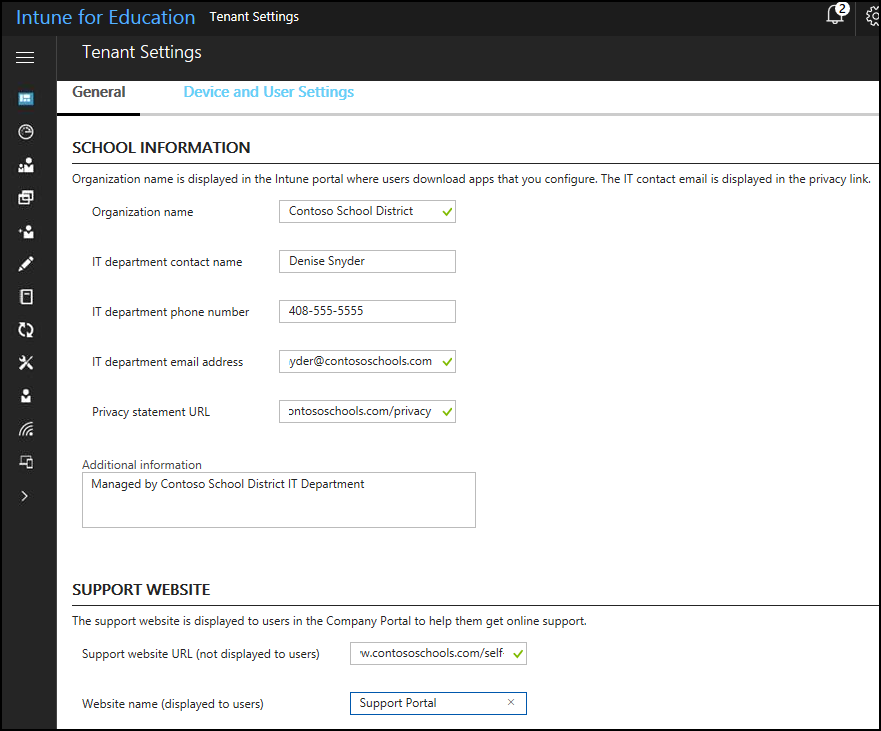 Intune for Education コンソールの [テナント設定] オプションのスクリーンショット。学校、サポート Web サイト、その他の情報が表示されています。