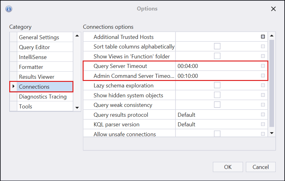 Kusto.Explorer 内のタイムアウトの長さを制御する設定を示すスクリーンショット。