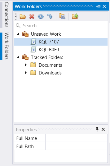 保存されていない作業フォルダーと追跡フォルダーを示す [ワーク フォルダー] パネルのスクリーンショット。