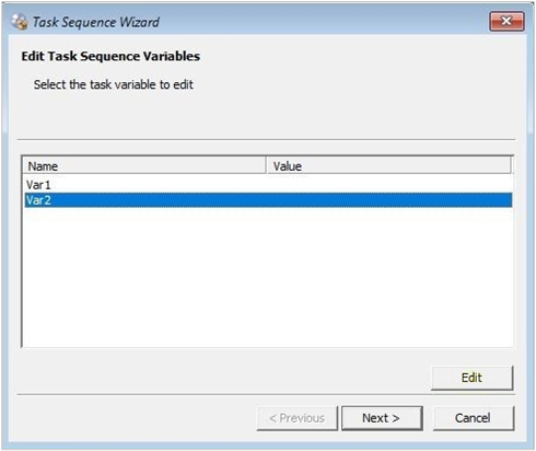 タスク シーケンス ウィザードの [タスク シーケンス変数の編集] ページのスクリーンショット。