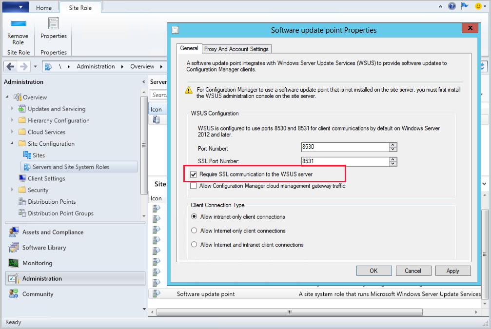 WSUS サーバーへの SSL 通信を要求するオプションを示す SUP プロパティ