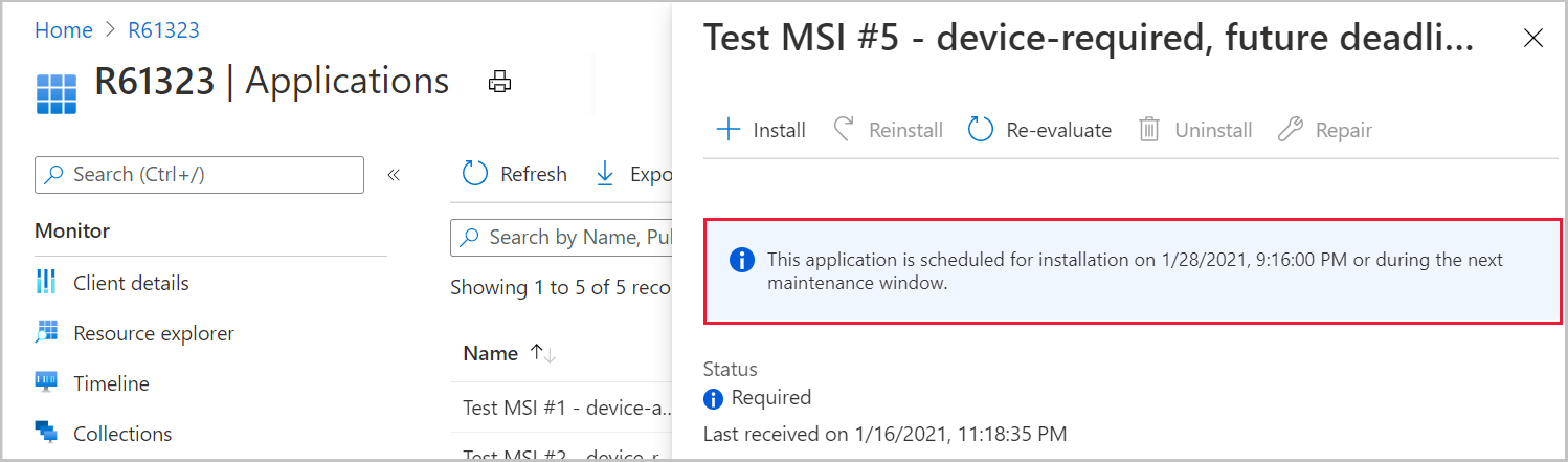 Microsoft Intune 管理センターのアプリケーションに必要な期限の詳細を示すスクリーンショット