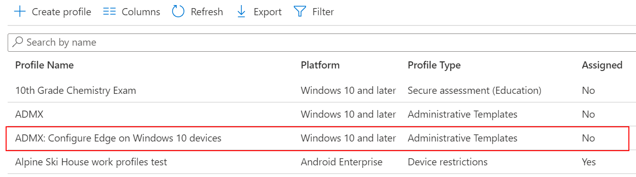 ADMX ポリシー設定のスクリーンショットは、Microsoft Intune と Intune 管理センターのデバイス構成プロファイルの一覧に表示されます。