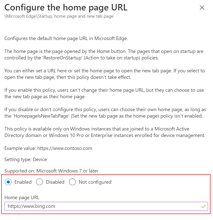 Microsoft Intune と Intune 管理センターの ADMX テンプレートを使用して、Microsoft Edge ホーム ページ URL を Web サイトに設定するのスクリーンショット。