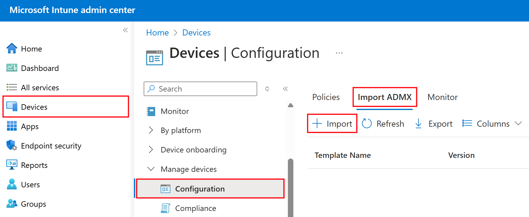 カスタム ADMX と ADML を追加またはインポートする方法を示すスクリーンショット。[デバイス > 構成プロファイル] > [Microsoft Intune と Intune 管理センターで ADMX をインポートする] に移動します。