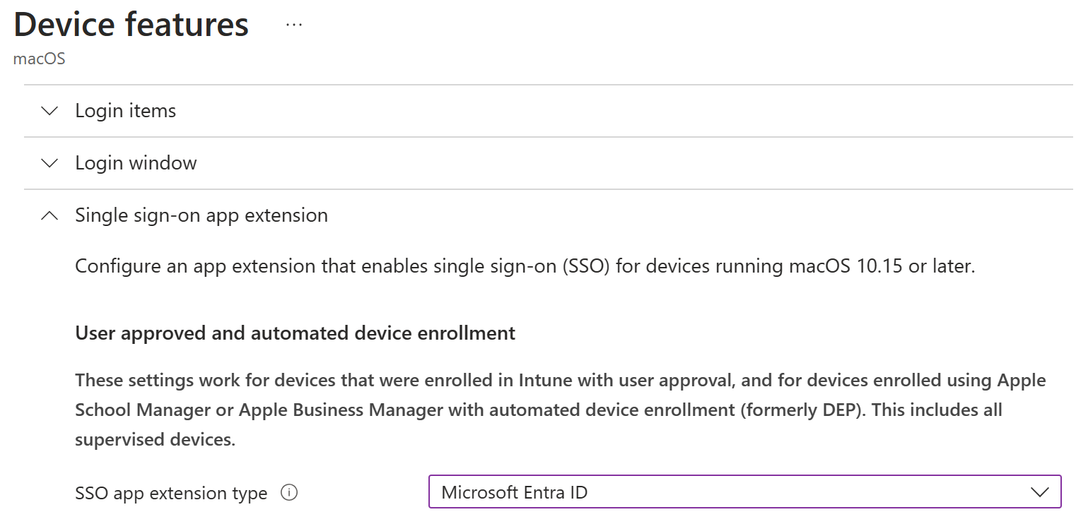 Intune の macOS 用の SSO アプリ拡張機能の種類と Microsoft Entra ID を示すスクリーンショット