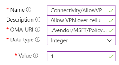 Microsoft Intune の VPN 設定を含むカスタム ポリシーの例を示すスクリーンショット。