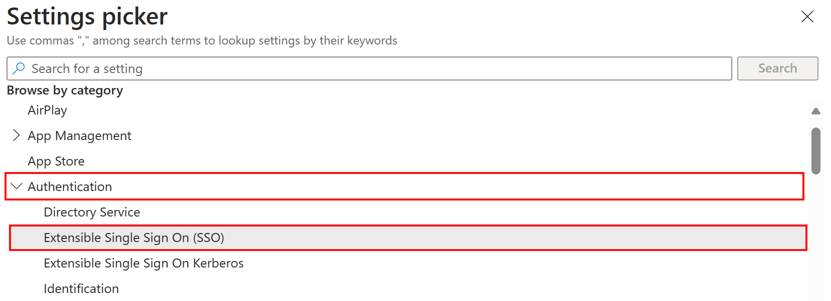 [設定カタログの設定] ピッカーを示すスクリーンショット。Microsoft Intuneで認証と拡張可能な SSO カテゴリを選択しています。