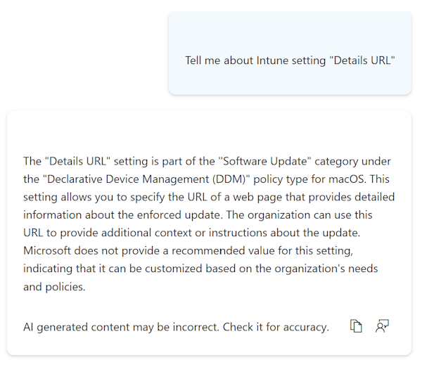 Microsoft Intune と Intune 管理センターの設定カタログの設定に関する詳細情報を提供する Copilot を示すスクリーンショット。