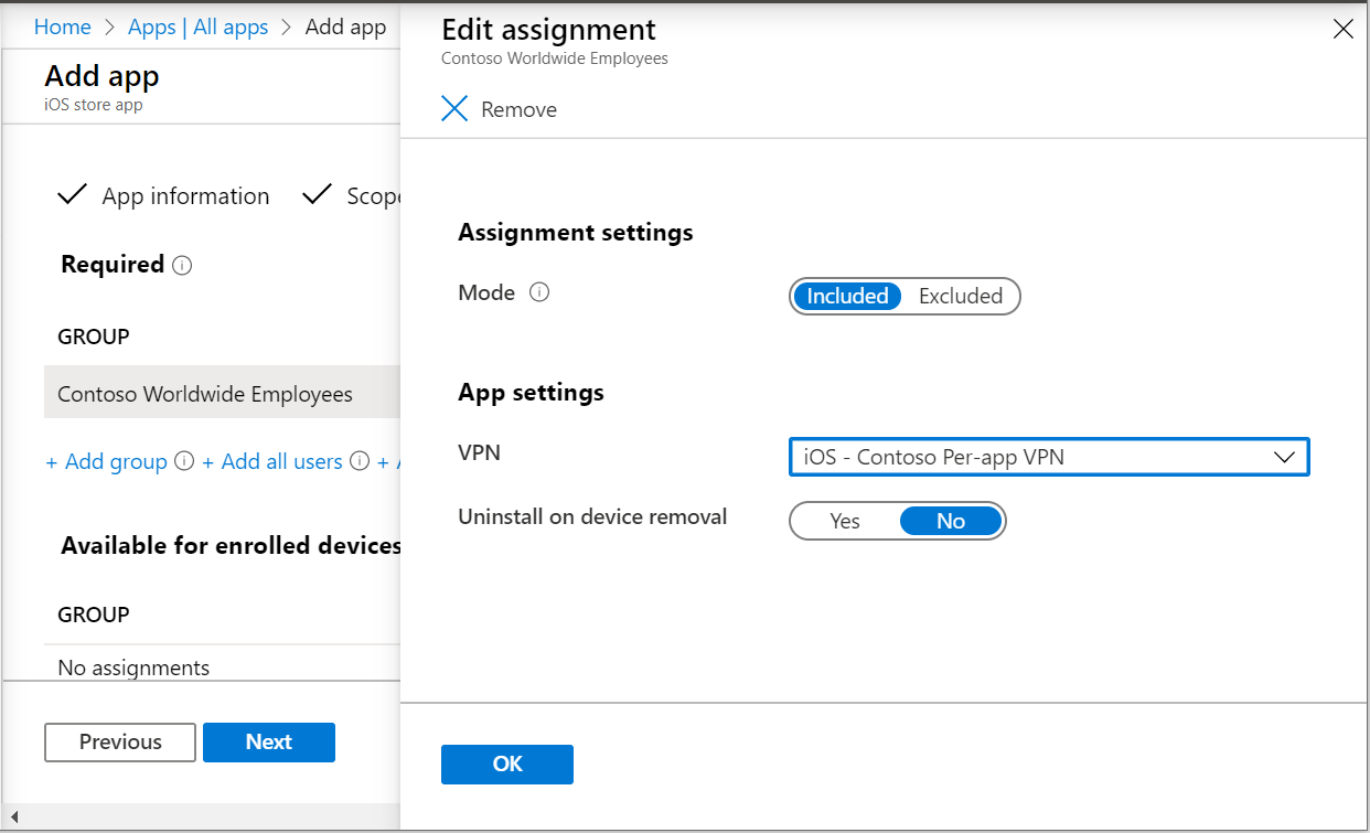 Microsoft Intune と Intune 管理センターのアプリごとの VPN プロファイルへのアプリの割り当てを示す 2 つのスクリーンショット。