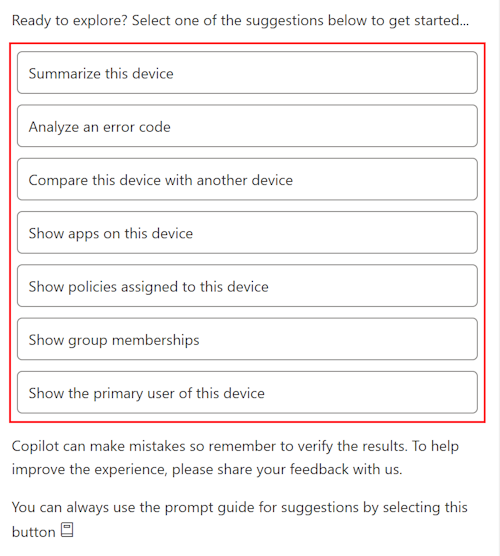 Microsoft Intuneまたは管理センターでデバイスを選択した後の Copilot サンプル プロンプトIntune示すスクリーンショット。