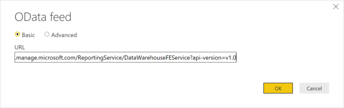 テナントのIntune Data Warehouseの OData フィード。