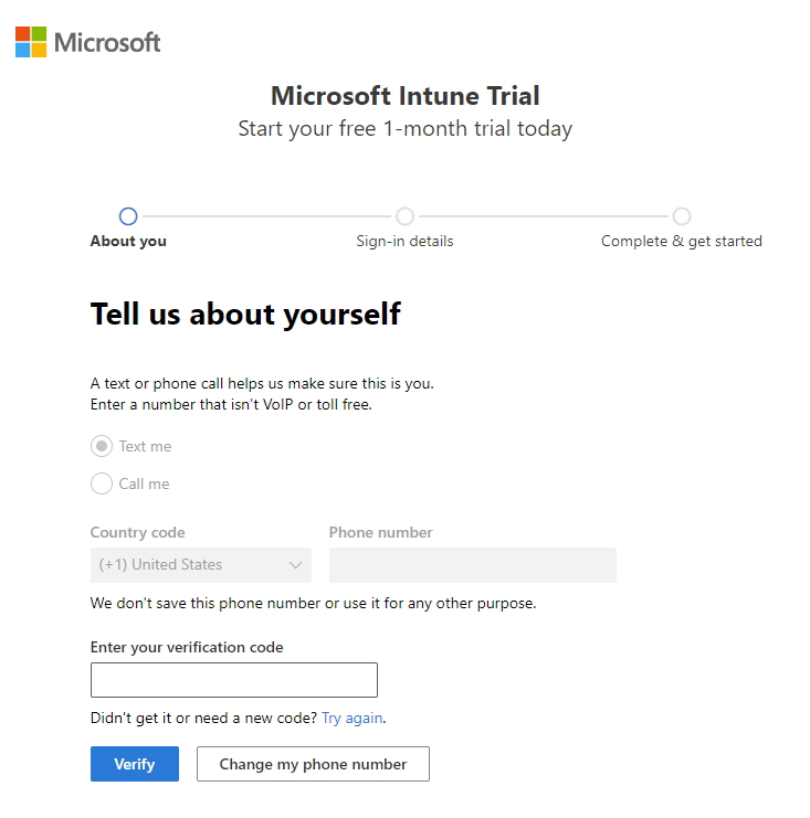 Microsoft Intune アカウントの設定ページ - コードの確認のスクリーンショット