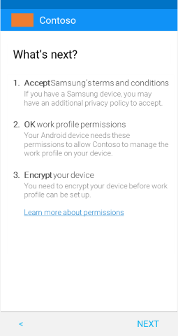 スクリーンショットでは、更新後の Android 仕事用プロファイル デバイス用ポータル サイト アプリの、[次のステップ] 画面が示されています。