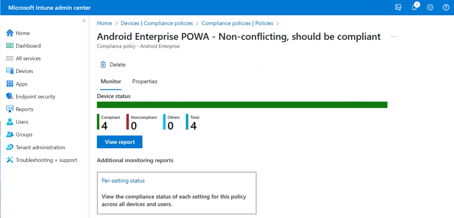 コンプライアンス ポリシーを選択した後の Intune 管理センターの表示。 