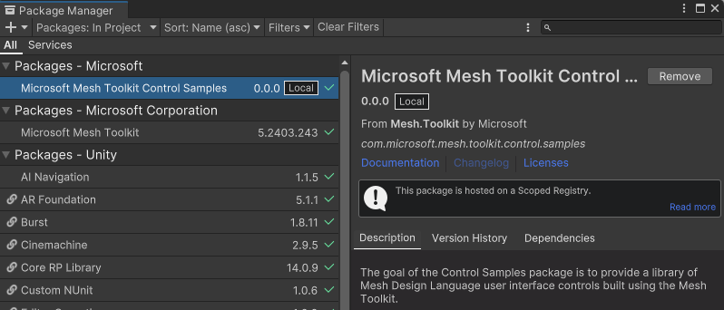 Package Manager での Control Samples パッケージのスクリーン ショット。