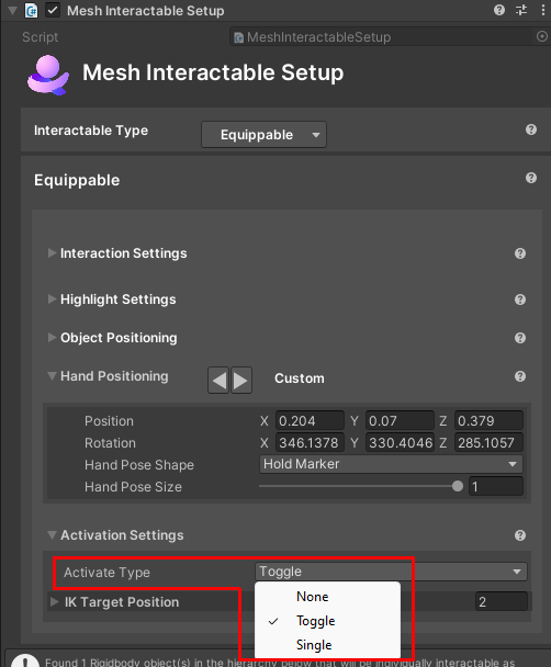 Mesh Interactabe Setup コンポーネント内のオブジェクトのアクティブ化のタイプのスクリーン ショット。