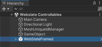 [Hierarchy] で強調表示された WebSlateFramed プレハブの一覧のスクリーン ショット。